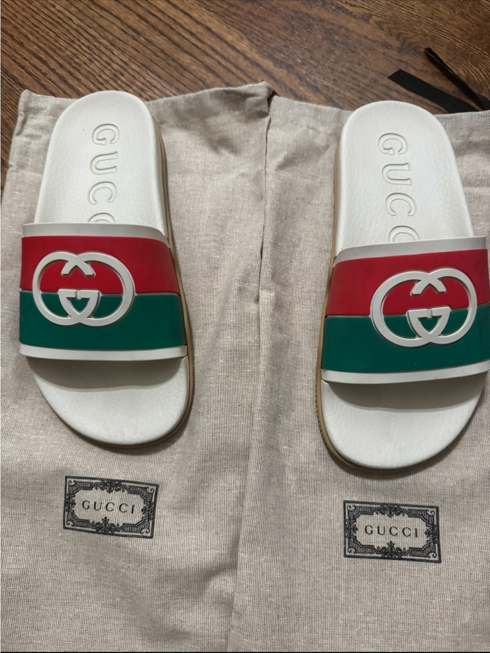 Gucci White Slides with Red and Green Stripe and Double G Logo